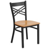 HERCULES Series Black ''X'' Back Metal Restaurant Chair - Natural Wood Seat, XU-6FOBXBK-NATW-GG