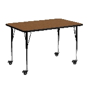Mobile 24''W x 48''L Rectangular Oak HP Laminate Activity Table - Standard Height Adjustable Legs, XU-A2448-REC-OAK-H-A-CAS-GG