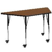 Mobile 25''W x 45''L Trapezoid Oak HP Laminate Activity Table - Standard Height Adjustable Legs, XU-A2448-TRAP-OAK-H-A-CAS-GG