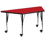 Mobile 25''W x 45''L Trapezoid Red HP Laminate Activity Table - Height Adjustable Short Legs, XU-A2448-TRAP-RED-H-P-CAS-GG