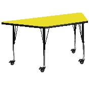 Mobile 25''W x 45''L Trapezoid Yellow HP Laminate Activity Table - Height Adjustable Short Legs, XU-A2448-TRAP-YEL-H-P-CAS-GG