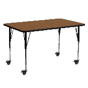 Mobile 24''W x 60''L Rectangular Oak HP Laminate Activity Table - Standard Height Adjustable Legs, XU-A2460-REC-OAK-H-A-CAS-GG