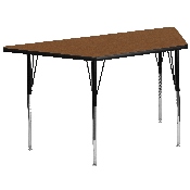 29.5''W x 57.25''L Trapezoid Oak HP Laminate Activity Table - Standard Height Adjustable Legs, XU-A3060-TRAP-OAK-H-A-GG