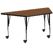 Mobile 29.5''W x 57.25''L Trapezoid Oak HP Laminate Activity Table - Height Adjustable Short Legs, XU-A3060-TRAP-OAK-H-P-CAS-GG