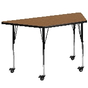 Mobile 29.5''W x 57.25''L Trapezoid Oak Thermal Laminate Activity Table - Standard Height Adjustable Legs, XU-A3060-TRAP-OAK-T-A-CAS-GG
