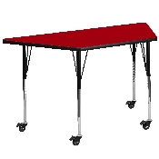 Mobile 29.5''W x 57.25''L Trapezoid Red Thermal Laminate Activity Table - Standard Height Adjustable Legs, XU-A3060-TRAP-RED-T-A-CAS-GG