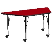 Mobile 29.5''W x 57.25''L Trapezoid Red Thermal Laminate Activity Table - Height Adjustable Short Legs, XU-A3060-TRAP-RED-T-P-CAS-GG