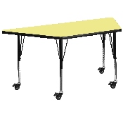 Mobile 29.5''W x 57.25''L Trapezoid Yellow Thermal Laminate Activity Table - Height Adjustable Short Legs, XU-A3060-TRAP-YEL-T-P-CAS-GG