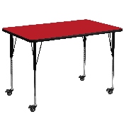 Mobile 36''W x 72''L Rectangular Red HP Laminate Activity Table - Standard Height Adjustable Legs, XU-A3672-REC-RED-H-A-CAS-GG
