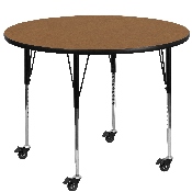 Mobile 42'' Round Oak Thermal Laminate Activity Table - Standard Height Adjustable Legs, XU-A42-RND-OAK-T-A-CAS-GG