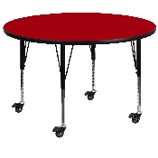 Mobile 42'' Round Red Thermal Laminate Activity Table - Height Adjustable Short Legs, XU-A42-RND-RED-T-P-CAS-GG