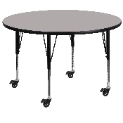 Mobile 48'' Round Grey HP Laminate Activity Table - Height Adjustable Short Legs, XU-A48-RND-GY-H-P-CAS-GG
