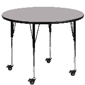 Mobile 48'' Round Grey Thermal Laminate Activity Table - Standard Height Adjustable Legs, XU-A48-RND-GY-T-A-CAS-GG