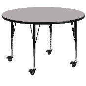 Mobile 48'' Round Grey Thermal Laminate Activity Table - Height Adjustable Short Legs, XU-A48-RND-GY-T-P-CAS-GG