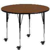 Mobile 48'' Round Oak HP Laminate Activity Table - Standard Height Adjustable Legs, XU-A48-RND-OAK-H-A-CAS-GG