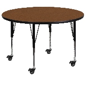 Mobile 48'' Round Oak HP Laminate Activity Table - Height Adjustable Short Legs, XU-A48-RND-OAK-H-P-CAS-GG