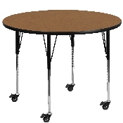 Mobile 48'' Round Oak Thermal Laminate Activity Table - Standard Height Adjustable Legs, XU-A48-RND-OAK-T-A-CAS-GG