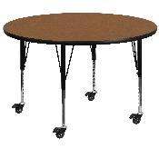 Mobile 48'' Round Oak Thermal Laminate Activity Table - Height Adjustable Short Legs, XU-A48-RND-OAK-T-P-CAS-GG