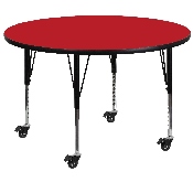 Mobile 48'' Round Red HP Laminate Activity Table - Height Adjustable Short Legs, XU-A48-RND-RED-H-P-CAS-GG