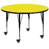 Mobile 48'' Round Yellow HP Laminate Activity Table - Height Adjustable Short Legs, XU-A48-RND-YEL-H-P-CAS-GG