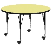 Mobile 48'' Round Yellow Thermal Laminate Activity Table - Height Adjustable Short Legs, XU-A48-RND-YEL-T-P-CAS-GG