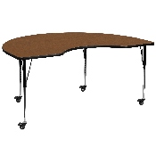 Mobile 48''W x 72''L Kidney Oak HP Laminate Activity Table - Standard Height Adjustable Legs, XU-A4872-KIDNY-OAK-H-A-CAS-GG