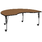 Mobile 48''W x 72''L Kidney Oak Thermal Laminate Activity Table - Height Adjustable Short Legs, XU-A4872-KIDNY-OAK-T-P-CAS-GG