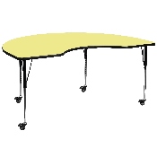 Mobile 48''W x 96''L Kidney Yellow Thermal Laminate Activity Table - Standard Height Adjustable Legs
