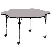 Mobile 60'' Flower Grey Thermal Laminate Activity Table - Standard Height Adjustable Legs, XU-A60-FLR-GY-T-A-CAS-GG