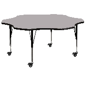Mobile 60'' Flower Grey Thermal Laminate Activity Table - Height Adjustable Short Legs, XU-A60-FLR-GY-T-P-CAS-GG