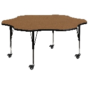 Mobile 60'' Flower Oak Thermal Laminate Activity Table - Height Adjustable Short Legs, XU-A60-FLR-OAK-T-P-CAS-GG