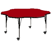 Mobile 60'' Flower Red Thermal Laminate Activity Table - Height Adjustable Short Legs, XU-A60-FLR-RED-T-P-CAS-GG