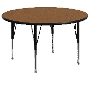 60'' Round Oak Thermal Laminate Activity Table - Height Adjustable Short Legs, XU-A60-RND-OAK-T-P-GG