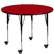 Mobile 60'' Round Red Thermal Laminate Activity Table - Standard Height Adjustable Legs, XU-A60-RND-RED-T-A-CAS-GG