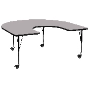 Mobile 60''W x 66''L Horseshoe Grey Thermal Laminate Activity Table - Height Adjustable Short Legs, XU-A6066-HRSE-GY-T-P-CAS-GG