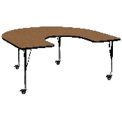 Mobile 60''W x 66''L Horseshoe Oak Thermal Laminate Activity Table - Height Adjustable Short Legs, XU-A6066-HRSE-OAK-T-P-CAS-GG
