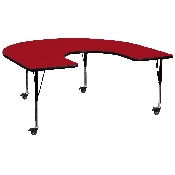 Mobile 60''W x 66''L Horseshoe Red Thermal Laminate Activity Table - Height Adjustable Short Legs, XU-A6066-HRSE-RED-T-P-CAS-GG