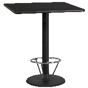 36'' Square Black Laminate Table Top with 24'' Round Bar Height Table Base and Foot Ring, XU-BLKTB-3636-TR24B-4CFR-GG