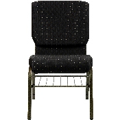HERCULES Series 18.5''W Church Chair in Black Dot Patterned Fabric with Book Rack - Gold Vein Frame, XU-CH-60096-BK-BAS-GG
