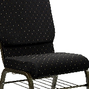 HERCULES Series 18.5''W Church Chair in Black Dot Patterned Fabric with Book Rack - Gold Vein Frame, XU-CH-60096-BK-BAS-GG