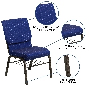 HERCULES Series 18.5''W Church Chair in Navy Blue Patterned Fabric with Book Rack - Gold Vein Frame, XU-CH-60096-NVY-DOT-BAS-GG