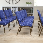 HERCULES Series 18.5''W Stacking Church Chair in Navy Blue Patterned Fabric - Gold Vein Frame, XU-CH-60096-NVY-DOT-GG