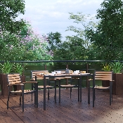 5 Piece Outdoor Dining Table Set - Synthetic Teak Poly Slats - 30" x 48" Steel Framed Table with Umbrella Hole - 4 Club Chairs, XU-DG-304860064-GG