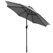 7 Piece All-Weather Deck or Patio Set with 4 Stacking Faux Teak Chairs, 30" x 48" Faux Teak Table, Gray Umbrella & Base, XU-DG-304860364-UB19BGY-GG