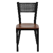 HERCULES Series Black Grid Back Metal Restaurant Chair - Cherry Wood Seat, XU-DG-60115-GRD-CHYW-GG