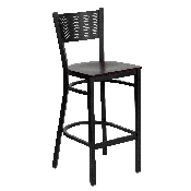 HERCULES Series Black Grid Back Metal Restaurant Barstool - Mahogany Wood Seat, XU-DG-60116-GRD-BAR-MAHW-GG