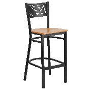 HERCULES Series Black Grid Back Metal Restaurant Barstool - Natural Wood Seat, XU-DG-60116-GRD-BAR-NATW-GG