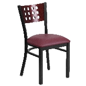 HERCULES Series Black Cutout Back Metal Restaurant Chair - Mahogany Wood Back, Burgundy Vinyl Seat, XU-DG-60117-MAH-BURV-GG