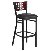 HERCULES Series Black Cutout Back Metal Restaurant Barstool - Mahogany Wood Back, Black Vinyl Seat, XU-DG-60118-MAH-BAR-BLKV-GG