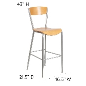 Invincible Series Silver Metal Restaurant Barstool - Natural Wood Back & Seat, XU-DG-60218-NAT-GG